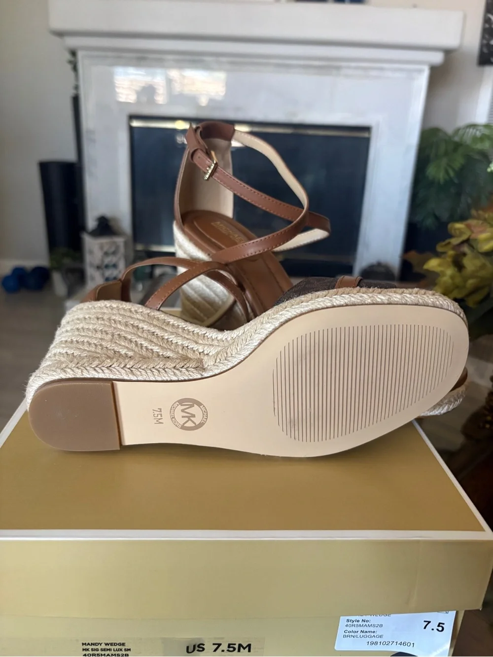 NWT! Michael Kors Brown Leather & Logo Espadrille Wedge Sandals